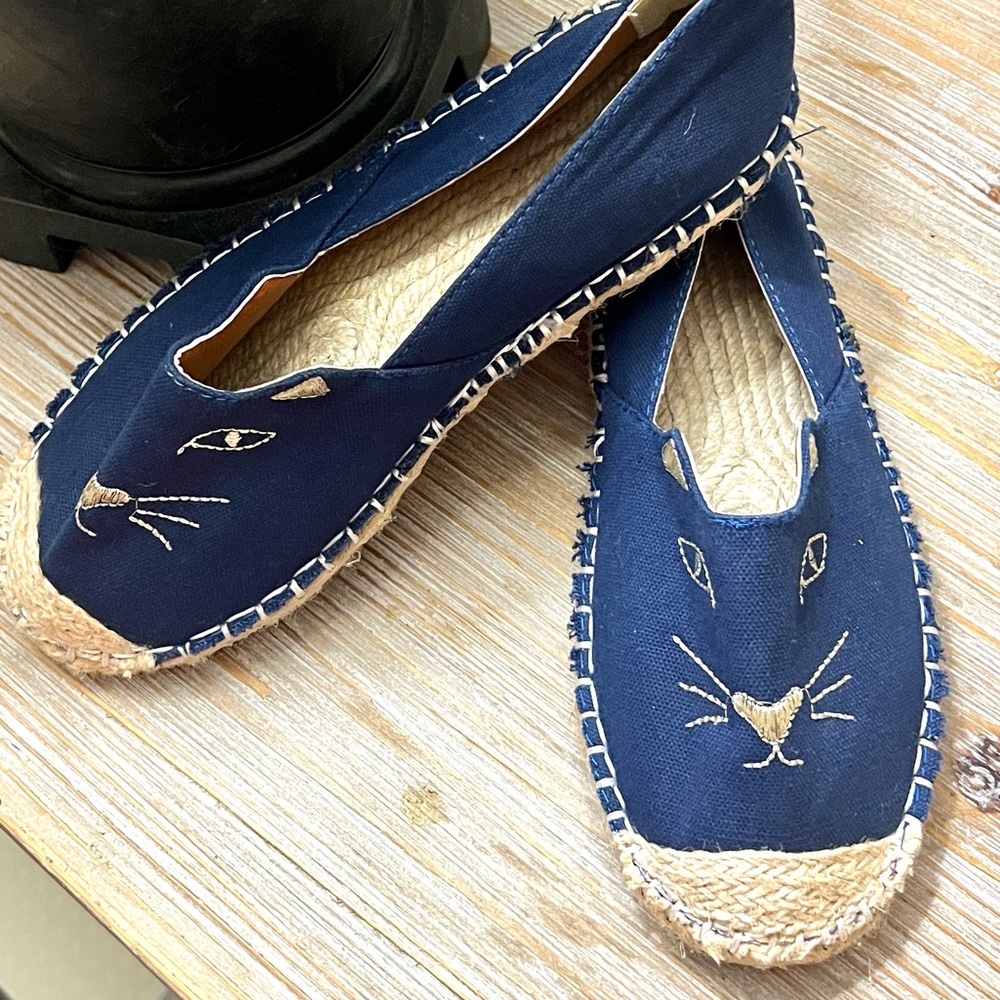 Navy Cat Face Embroidered Espadrilles | Canvas Slip-On Flats NWOB, Size 39